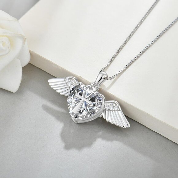 Angel Wings Necklace Sterling Silver Love Heart Birthstone for Women - Picture 3 of 6